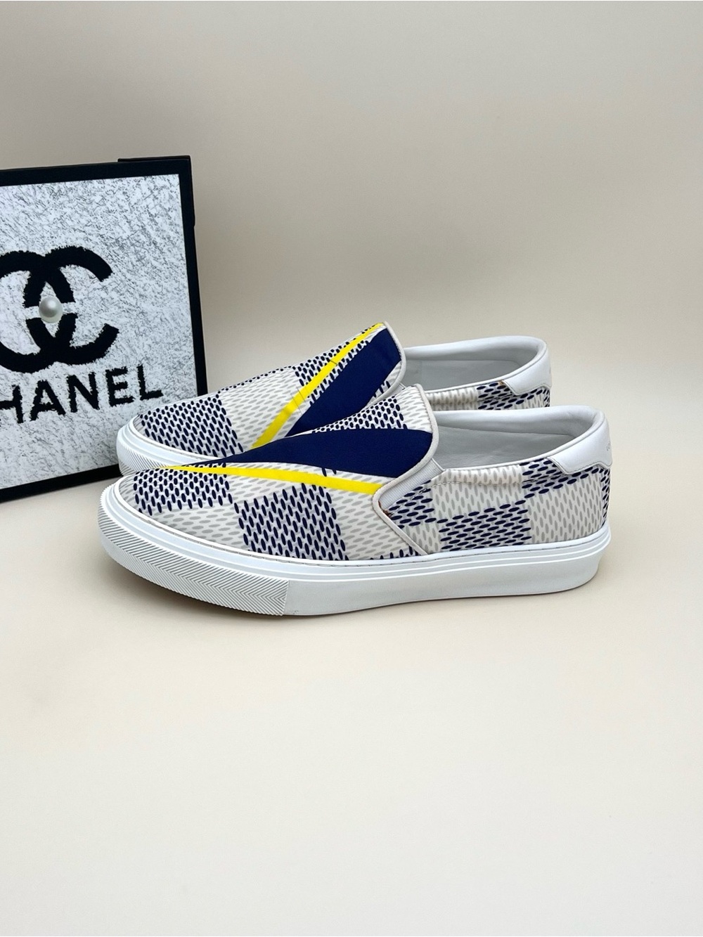 Louis Vuitton White Navy and Yellow Slip-On Sneakers